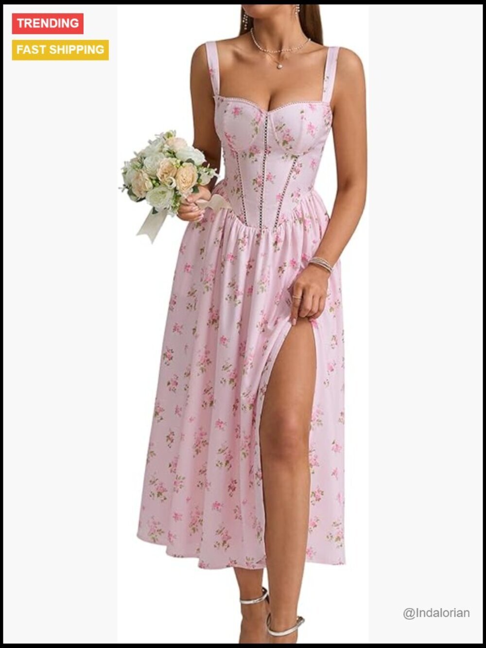 Floral Corset Midi Dress with Pockets Flowy A-Line Sundress